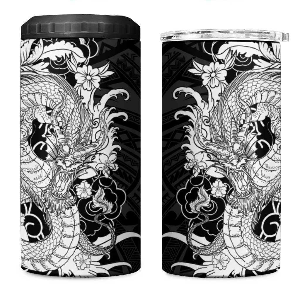 Hawaiian And Japanese Culture 4 in 1 Can Cooler Tumbler Irezumi Dragon With Polynesian Pattern Black LT05 One Size: 16 oz Black - Polynesian Pride