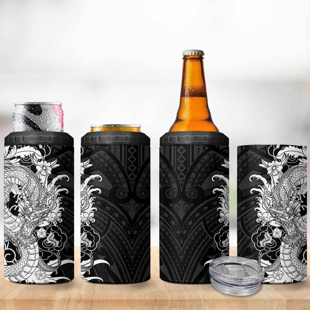 Hawaiian And Japanese Culture 4 in 1 Can Cooler Tumbler Irezumi Dragon With Polynesian Pattern Black LT05 - Polynesian Pride