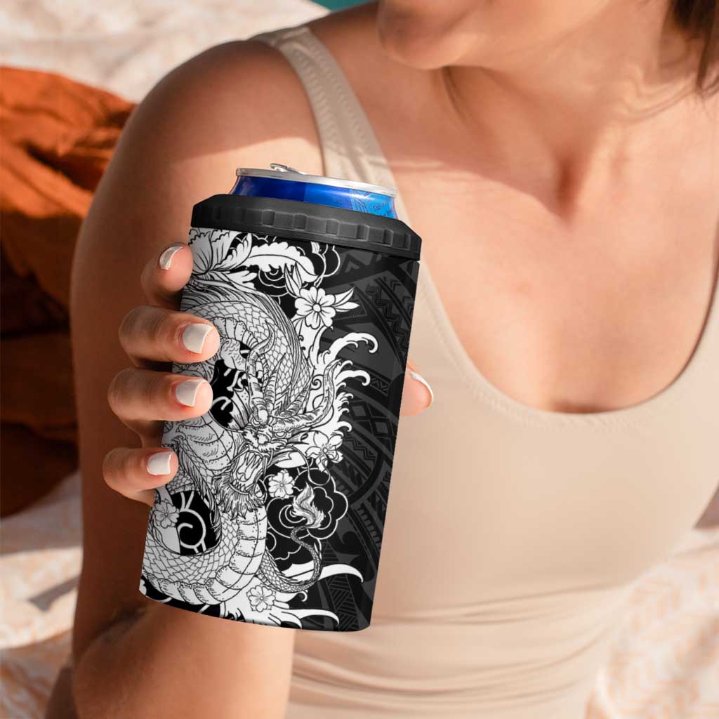 Hawaiian And Japanese Culture 4 in 1 Can Cooler Tumbler Irezumi Dragon With Polynesian Pattern Black LT05 - Polynesian Pride
