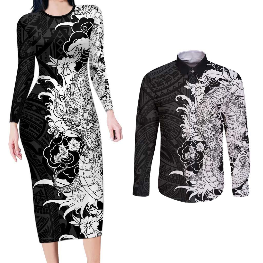 Hawaiian And Japanese Culture Couples Matching Long Sleeve Bodycon Dress and Long Sleeve Button Shirt Irezumi Dragon With Polynesian Pattern Black LT05 Black - Polynesian Pride