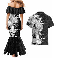 Hawaiian And Japanese Culture Couples Matching Mermaid Dress and Hawaiian Shirt Irezumi Dragon With Polynesian Pattern Black LT05 - Polynesian Pride