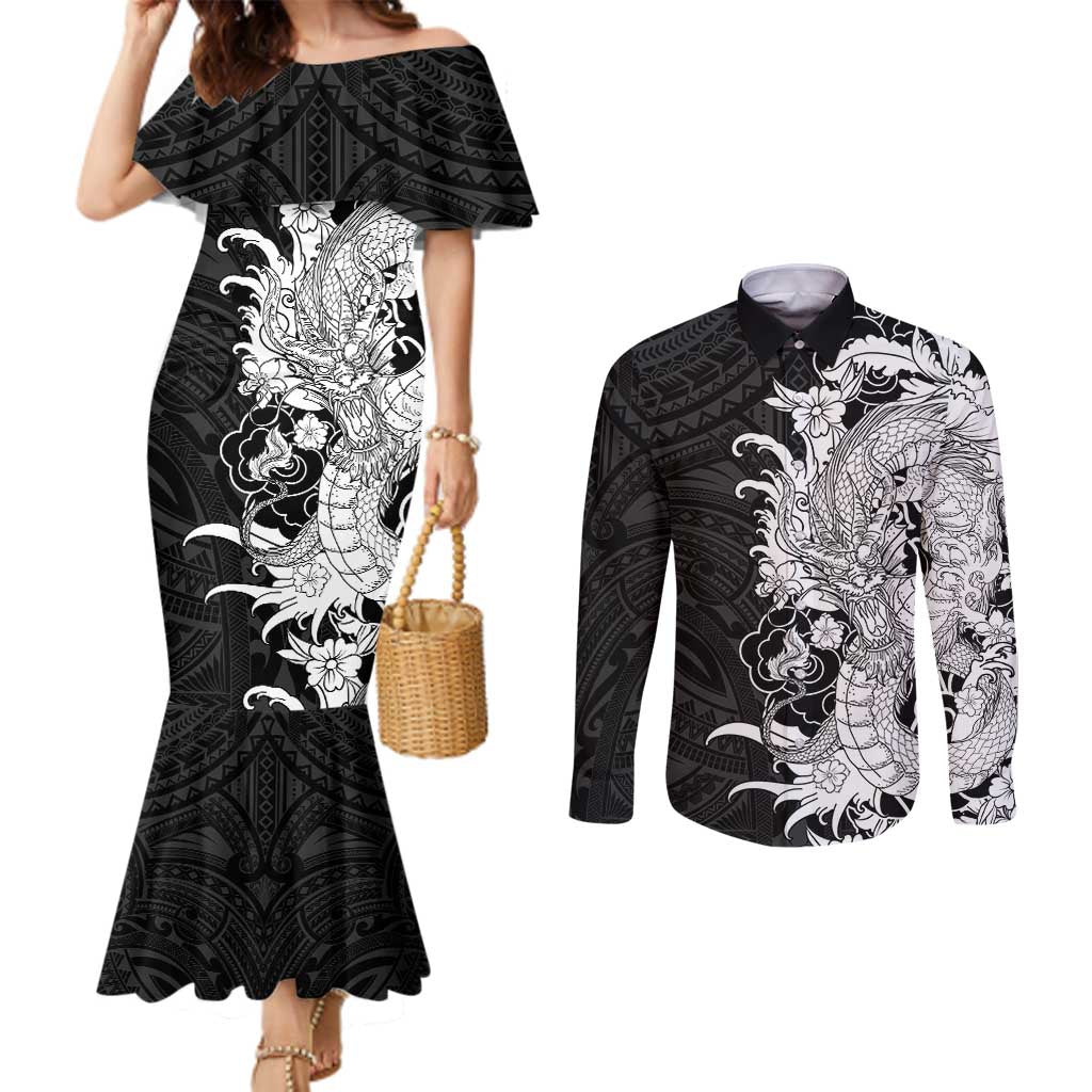 Hawaiian And Japanese Culture Couples Matching Mermaid Dress and Long Sleeve Button Shirt Irezumi Dragon With Polynesian Pattern Black LT05 Black - Polynesian Pride