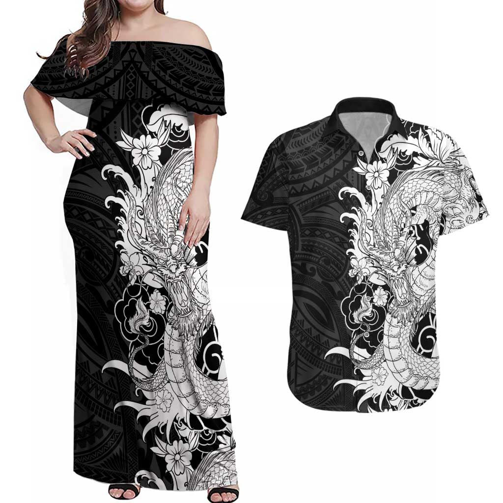 Hawaiian And Japanese Culture Couples Matching Off Shoulder Maxi Dress and Hawaiian Shirt Irezumi Dragon With Polynesian Pattern Black LT05 Black - Polynesian Pride