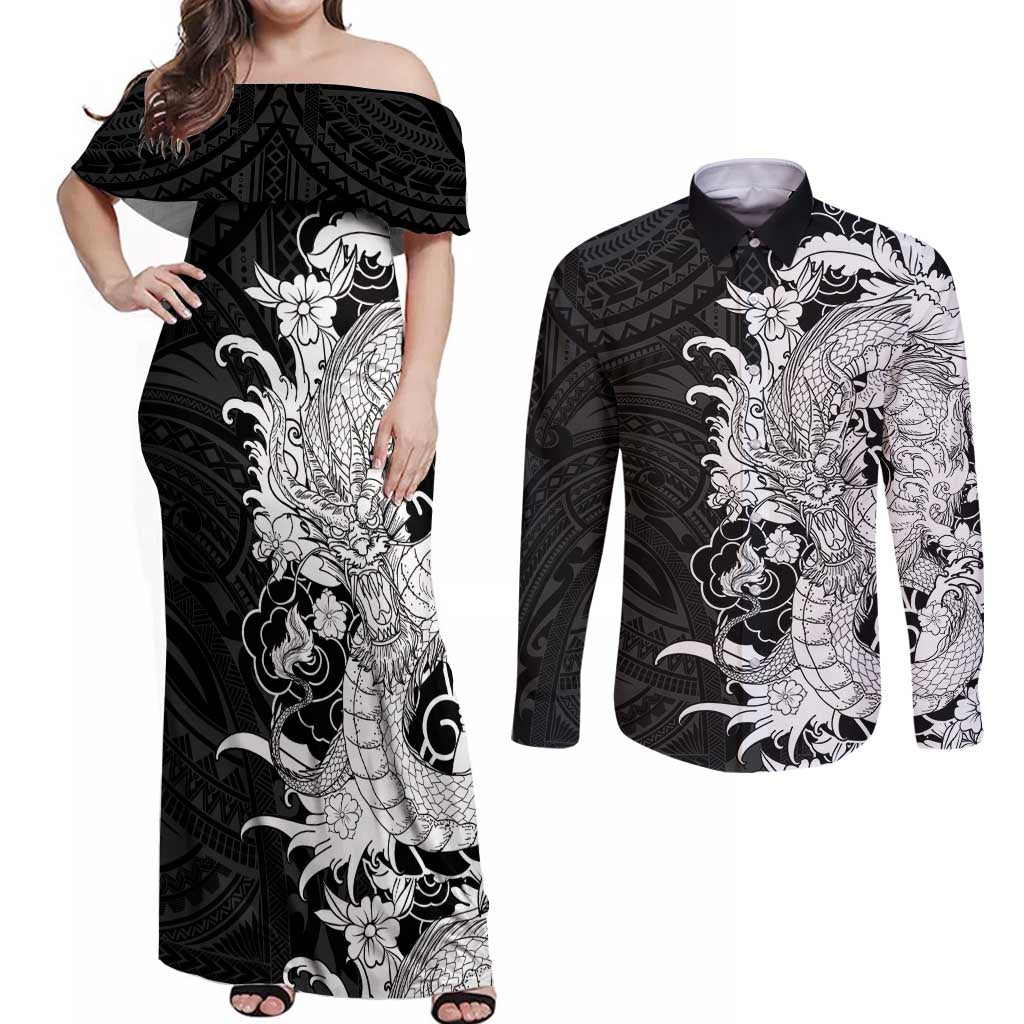 Hawaiian And Japanese Culture Couples Matching Off Shoulder Maxi Dress and Long Sleeve Button Shirt Irezumi Dragon With Polynesian Pattern Black LT05 Black - Polynesian Pride