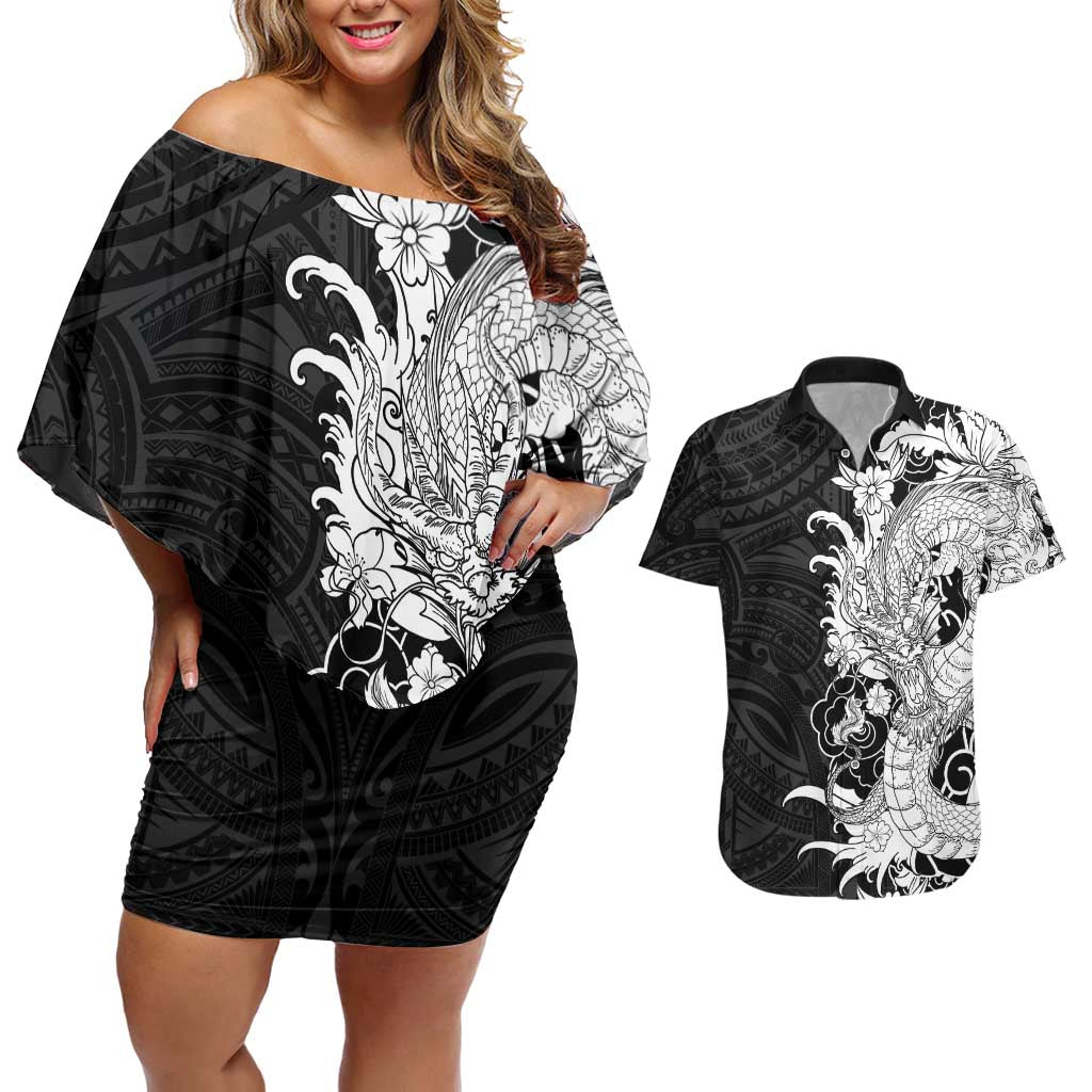 Hawaiian And Japanese Culture Couples Matching Off Shoulder Short Dress and Hawaiian Shirt Irezumi Dragon With Polynesian Pattern Black LT05 Black - Polynesian Pride