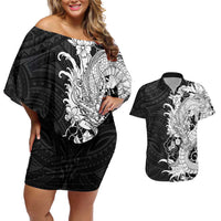 Hawaiian And Japanese Culture Couples Matching Off Shoulder Short Dress and Hawaiian Shirt Irezumi Dragon With Polynesian Pattern Black LT05 Black - Polynesian Pride