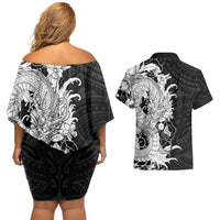 Hawaiian And Japanese Culture Couples Matching Off Shoulder Short Dress and Hawaiian Shirt Irezumi Dragon With Polynesian Pattern Black LT05 - Polynesian Pride