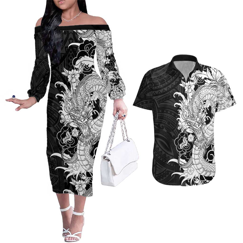 Hawaiian And Japanese Culture Couples Matching Off The Shoulder Long Sleeve Dress and Hawaiian Shirt Irezumi Dragon With Polynesian Pattern Black LT05 Black - Polynesian Pride