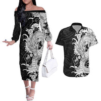 Hawaiian And Japanese Culture Couples Matching Off The Shoulder Long Sleeve Dress and Hawaiian Shirt Irezumi Dragon With Polynesian Pattern Black LT05 Black - Polynesian Pride