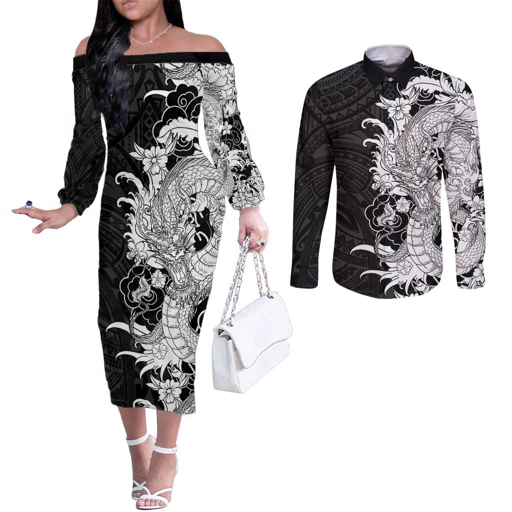 Hawaiian And Japanese Culture Couples Matching Off The Shoulder Long Sleeve Dress and Long Sleeve Button Shirt Irezumi Dragon With Polynesian Pattern Black LT05 Black - Polynesian Pride