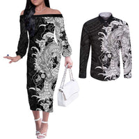 Hawaiian And Japanese Culture Couples Matching Off The Shoulder Long Sleeve Dress and Long Sleeve Button Shirt Irezumi Dragon With Polynesian Pattern Black LT05 Black - Polynesian Pride