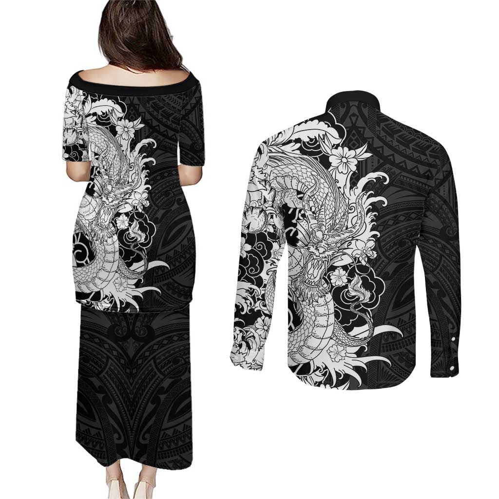 Hawaiian And Japanese Culture Couples Matching Puletasi and Long Sleeve Button Shirt Irezumi Dragon With Polynesian Pattern Black LT05 - Polynesian Pride