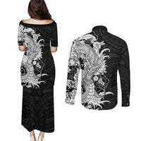 Hawaiian And Japanese Culture Couples Matching Puletasi and Long Sleeve Button Shirt Irezumi Dragon With Polynesian Pattern Black LT05 - Polynesian Pride