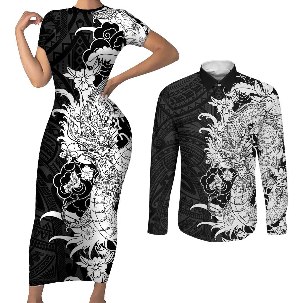 Hawaiian And Japanese Culture Couples Matching Short Sleeve Bodycon Dress and Long Sleeve Button Shirt Irezumi Dragon With Polynesian Pattern Black LT05 Black - Polynesian Pride
