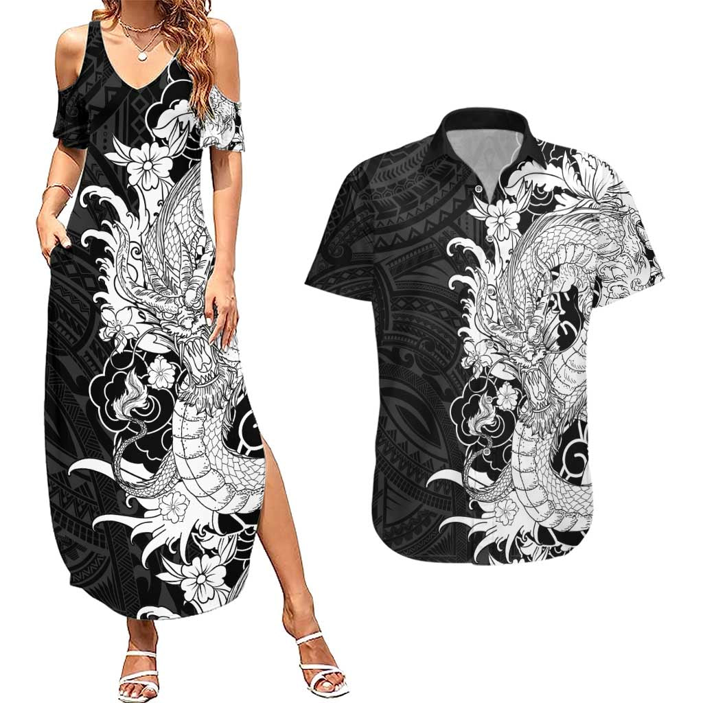Hawaiian And Japanese Culture Couples Matching Summer Maxi Dress and Hawaiian Shirt Irezumi Dragon With Polynesian Pattern Black LT05 Black - Polynesian Pride