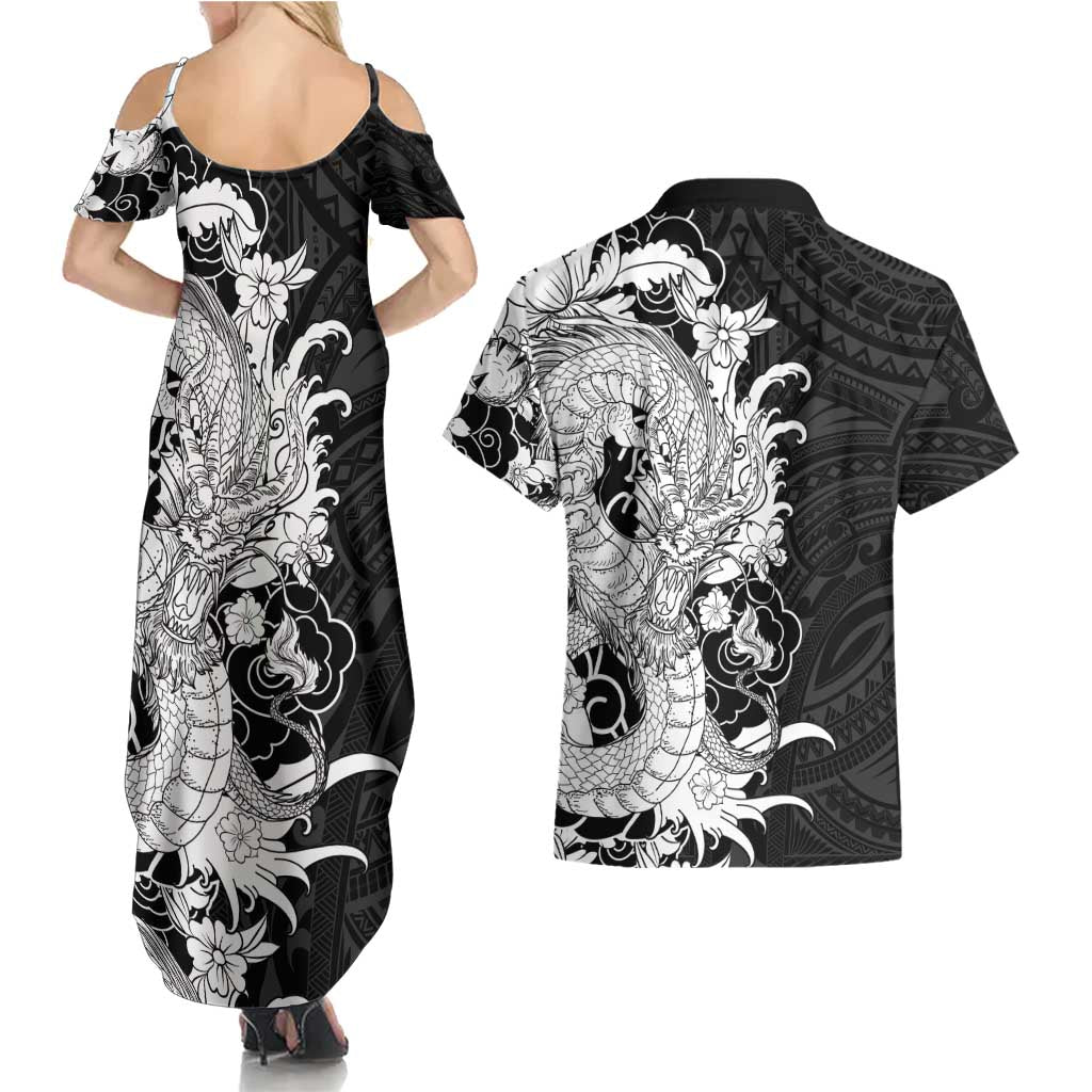 Hawaiian And Japanese Culture Couples Matching Summer Maxi Dress and Hawaiian Shirt Irezumi Dragon With Polynesian Pattern Black LT05 - Polynesian Pride