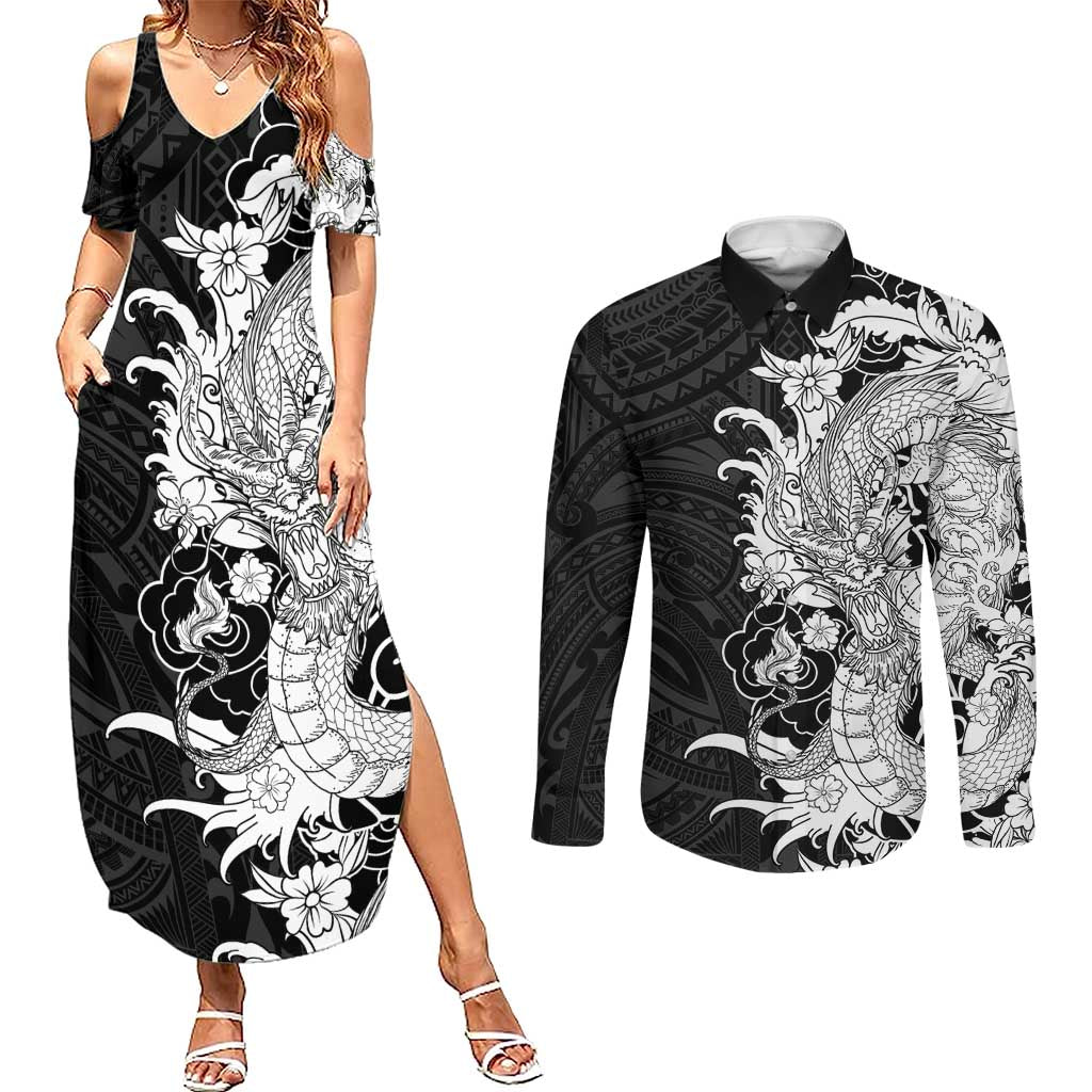 Hawaiian And Japanese Culture Couples Matching Summer Maxi Dress and Long Sleeve Button Shirt Irezumi Dragon With Polynesian Pattern Black LT05 Black - Polynesian Pride