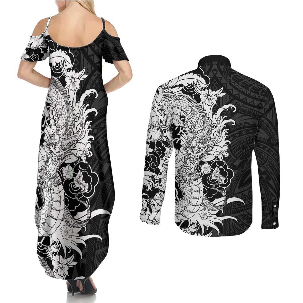 Hawaiian And Japanese Culture Couples Matching Summer Maxi Dress and Long Sleeve Button Shirt Irezumi Dragon With Polynesian Pattern Black LT05 - Polynesian Pride
