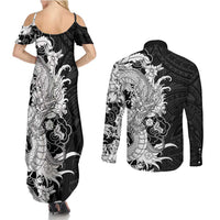 Hawaiian And Japanese Culture Couples Matching Summer Maxi Dress and Long Sleeve Button Shirt Irezumi Dragon With Polynesian Pattern Black LT05 - Polynesian Pride