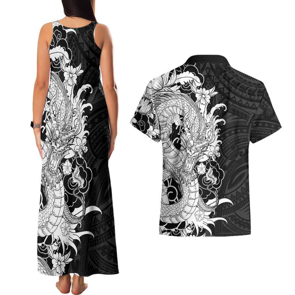Hawaiian And Japanese Culture Couples Matching Tank Maxi Dress and Hawaiian Shirt Irezumi Dragon With Polynesian Pattern Black LT05 - Polynesian Pride
