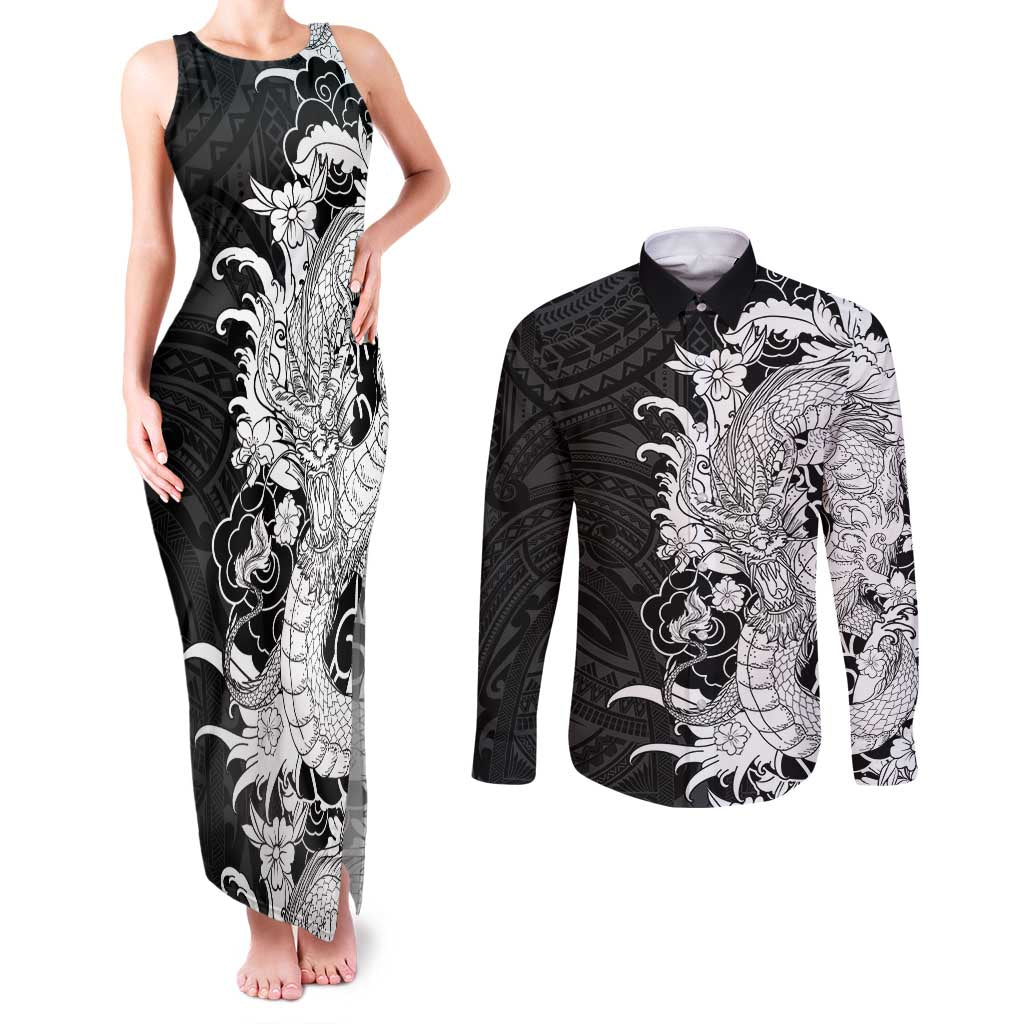 Hawaiian And Japanese Culture Couples Matching Tank Maxi Dress and Long Sleeve Button Shirt Irezumi Dragon With Polynesian Pattern Black LT05 Black - Polynesian Pride
