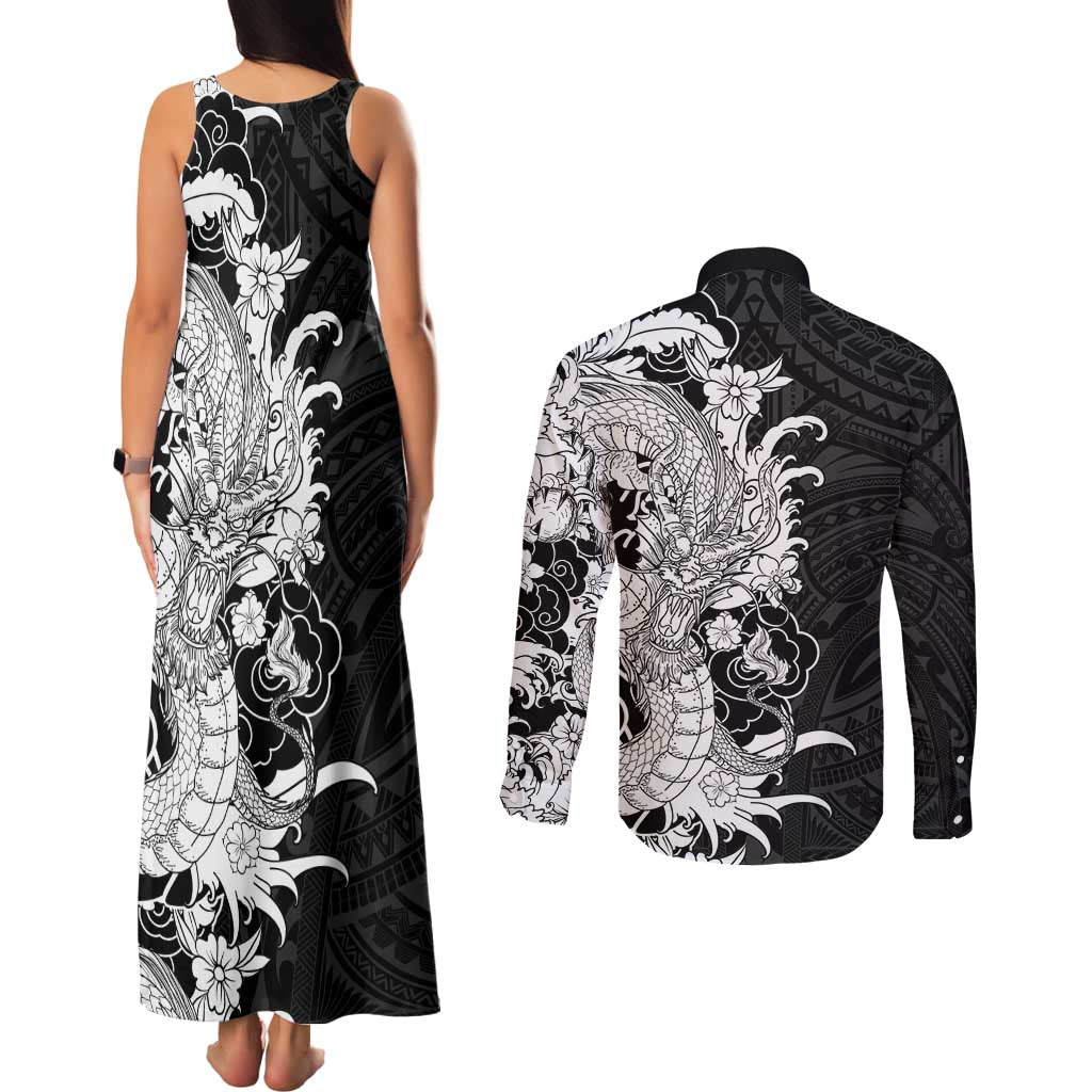 Hawaiian And Japanese Culture Couples Matching Tank Maxi Dress and Long Sleeve Button Shirt Irezumi Dragon With Polynesian Pattern Black LT05 - Polynesian Pride