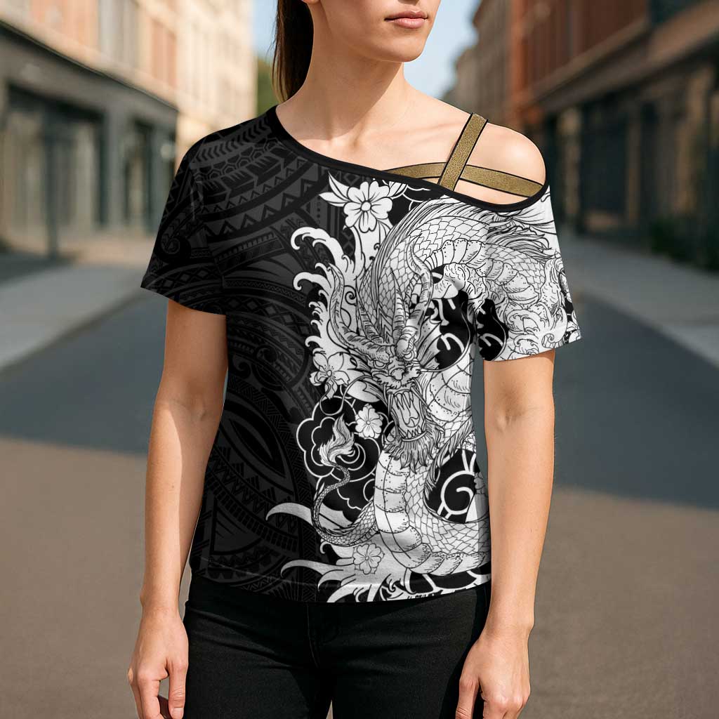 Hawaiian And Japanese Culture Cross Shoulder Shirt Irezumi Dragon With Polynesian Pattern Black - Polynesian Pride