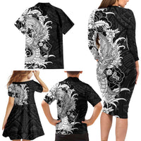 Hawaiian And Japanese Culture Family Matching Long Sleeve Bodycon Dress and Hawaiian Shirt Irezumi Dragon With Polynesian Pattern Black LT05 - Polynesian Pride