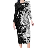 Hawaiian And Japanese Culture Family Matching Long Sleeve Bodycon Dress and Hawaiian Shirt Irezumi Dragon With Polynesian Pattern Black LT05 Mom's Dress Black - Polynesian Pride