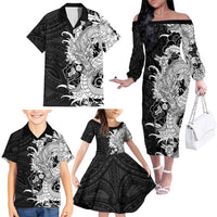 Hawaiian And Japanese Culture Family Matching Off The Shoulder Long Sleeve Dress and Hawaiian Shirt Irezumi Dragon With Polynesian Pattern Black LT05 - Polynesian Pride