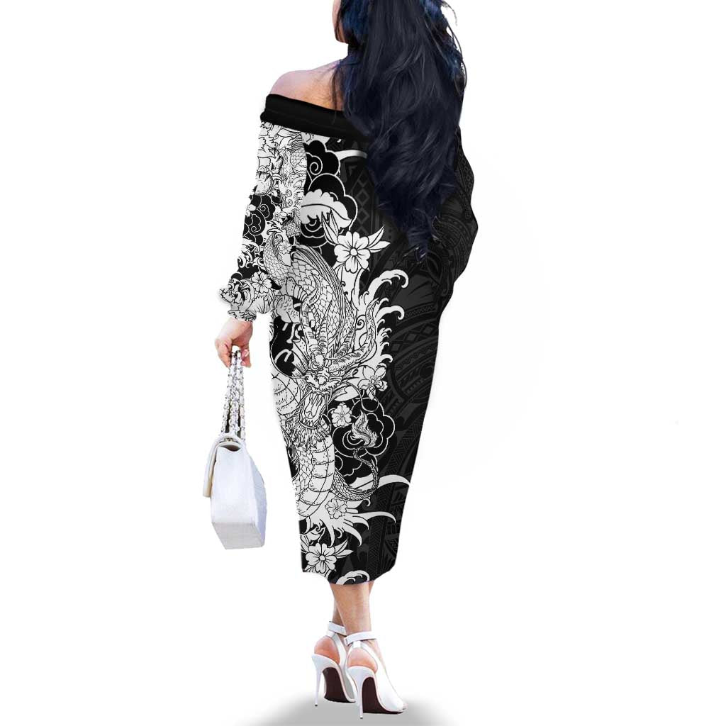 Hawaiian And Japanese Culture Family Matching Off The Shoulder Long Sleeve Dress and Hawaiian Shirt Irezumi Dragon With Polynesian Pattern Black LT05 - Polynesian Pride