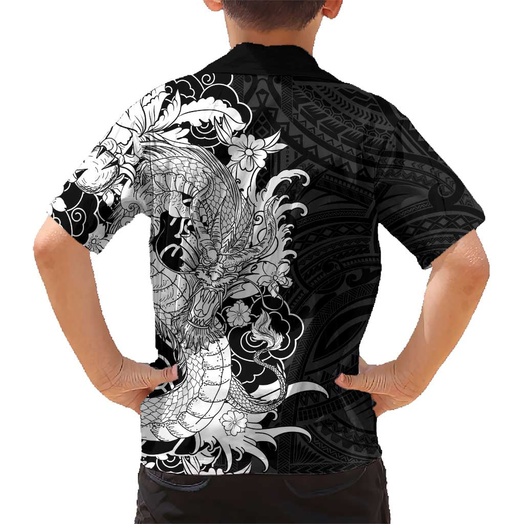 Hawaiian And Japanese Culture Family Matching Off Shoulder Maxi Dress and Hawaiian Shirt Irezumi Dragon With Polynesian Pattern Black LT05 - Polynesian Pride