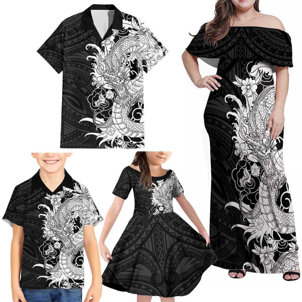 Hawaiian And Japanese Culture Family Matching Off Shoulder Maxi Dress and Hawaiian Shirt Irezumi Dragon With Polynesian Pattern Black LT05 - Polynesian Pride
