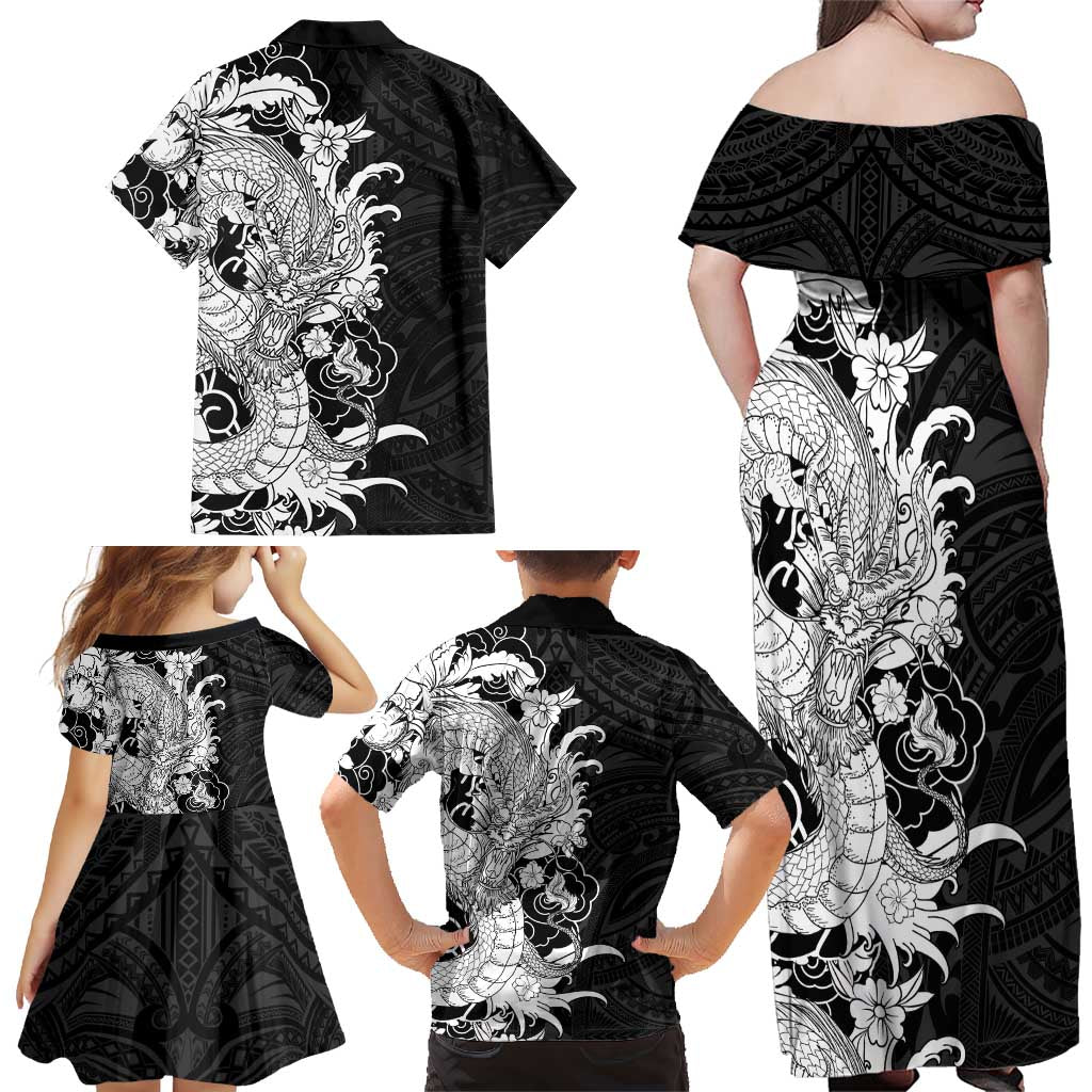 Hawaiian And Japanese Culture Family Matching Off Shoulder Maxi Dress and Hawaiian Shirt Irezumi Dragon With Polynesian Pattern Black LT05 - Polynesian Pride