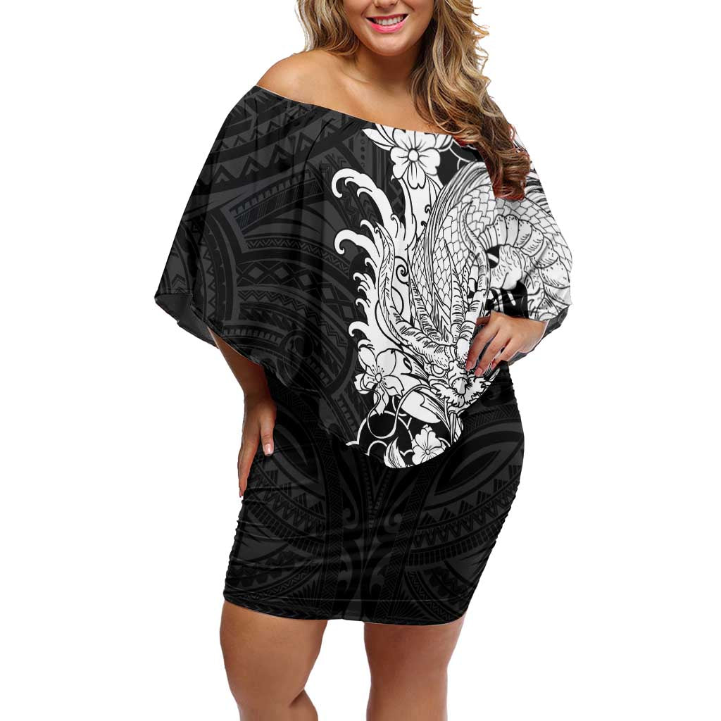 Hawaiian And Japanese Culture Family Matching Off Shoulder Short Dress and Hawaiian Shirt Irezumi Dragon With Polynesian Pattern Black LT05 Mom's Dress Black - Polynesian Pride