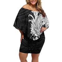 Hawaiian And Japanese Culture Family Matching Off Shoulder Short Dress and Hawaiian Shirt Irezumi Dragon With Polynesian Pattern Black LT05 Mom's Dress Black - Polynesian Pride