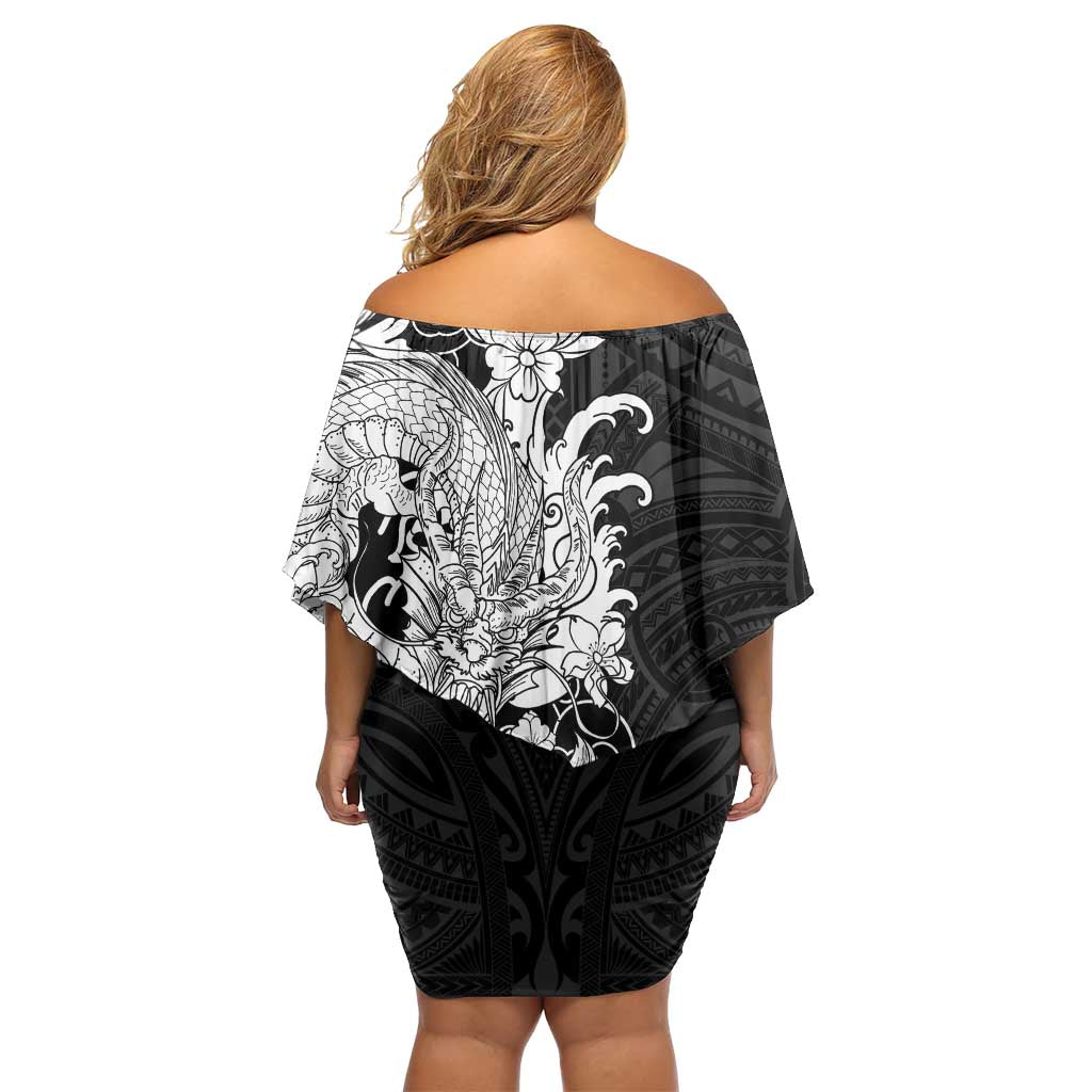 Hawaiian And Japanese Culture Family Matching Off Shoulder Short Dress and Hawaiian Shirt Irezumi Dragon With Polynesian Pattern Black LT05 - Polynesian Pride