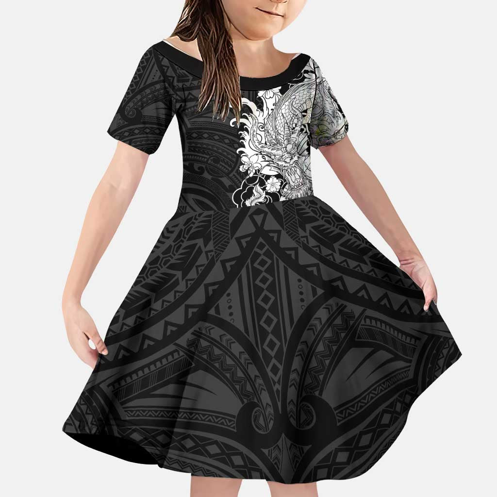 Hawaiian And Japanese Culture Family Matching Short Sleeve Bodycon Dress and Hawaiian Shirt Irezumi Dragon With Polynesian Pattern Black LT05 Daughter's Dress Black - Polynesian Pride