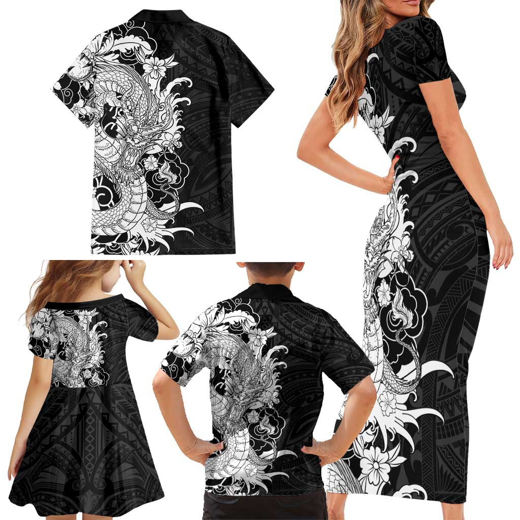 Hawaiian And Japanese Culture Family Matching Short Sleeve Bodycon Dress and Hawaiian Shirt Irezumi Dragon With Polynesian Pattern Black LT05 - Polynesian Pride