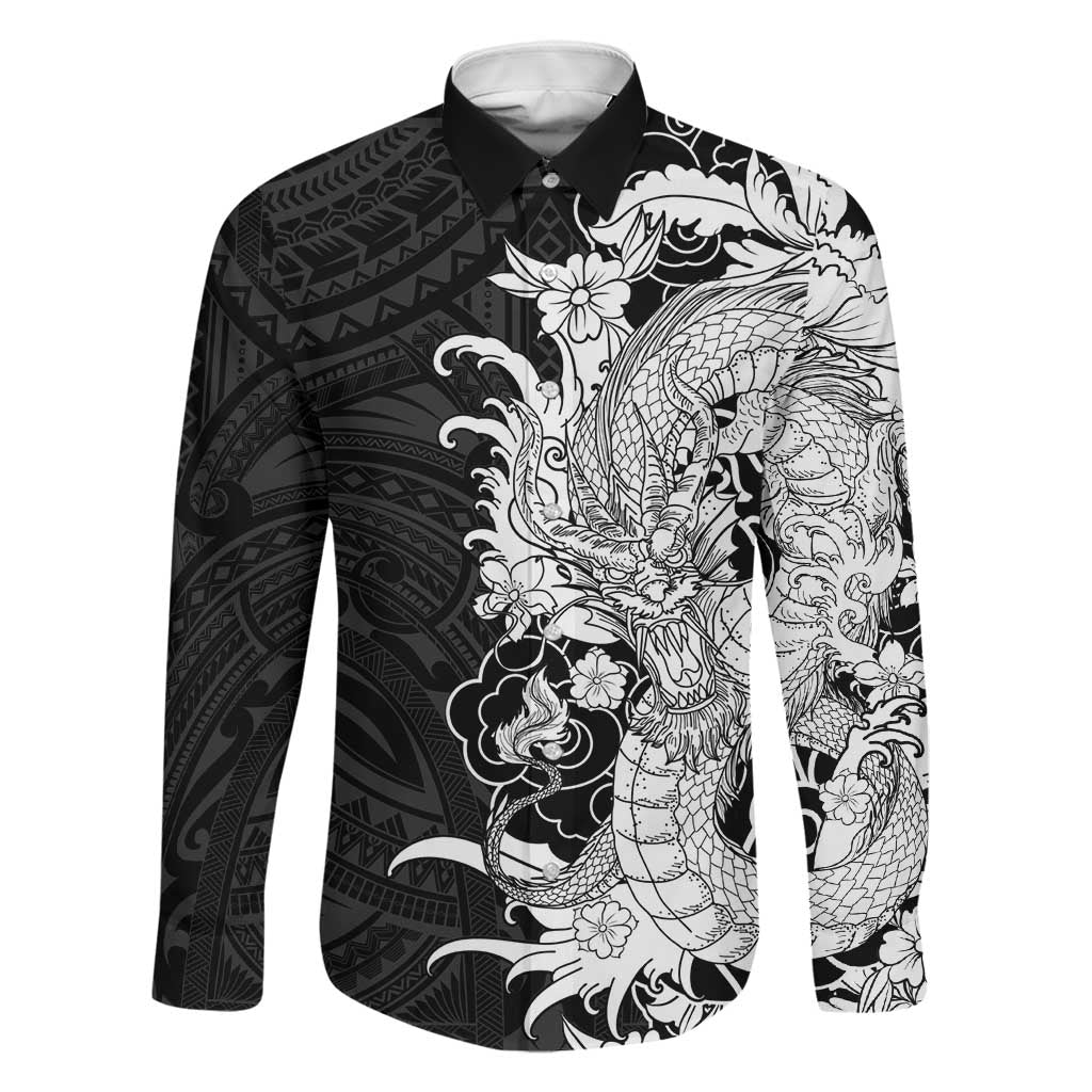 Hawaiian And Japanese Culture Family Matching Short Sleeve Bodycon Dress and Hawaiian Shirt Irezumi Dragon With Polynesian Pattern Black LT05 Dad's Shirt - Long Sleeve Black - Polynesian Pride