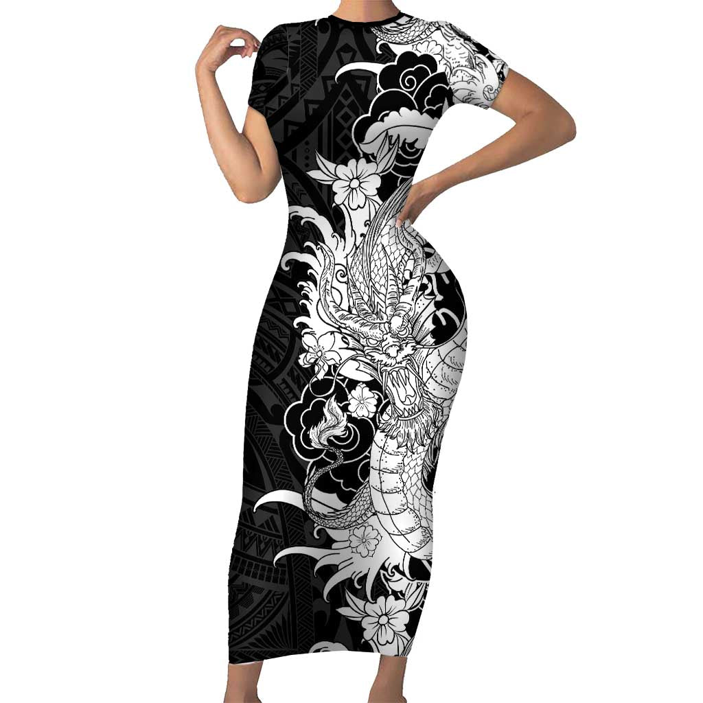 Hawaiian And Japanese Culture Family Matching Short Sleeve Bodycon Dress and Hawaiian Shirt Irezumi Dragon With Polynesian Pattern Black LT05 Mom's Dress Black - Polynesian Pride