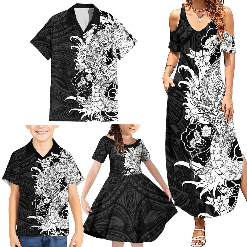 Hawaiian And Japanese Culture Family Matching Summer Maxi Dress and Hawaiian Shirt Irezumi Dragon With Polynesian Pattern Black - Polynesian Pride