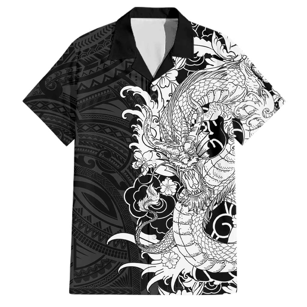 Hawaiian And Japanese Culture Family Matching Summer Maxi Dress and Hawaiian Shirt Irezumi Dragon With Polynesian Pattern Black LT05 Dad's Shirt - Short Sleeve Black - Polynesian Pride
