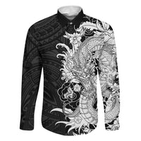 Hawaiian And Japanese Culture Family Matching Tank Maxi Dress and Hawaiian Shirt Irezumi Dragon With Polynesian Pattern Black LT05 Dad's Shirt - Long Sleeve Black - Polynesian Pride