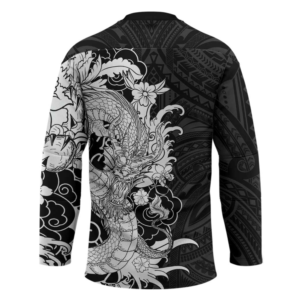 Hawaiian And Japanese Culture Hockey Jersey Irezumi Dragon With Polynesian Pattern Black - Polynesian Pride