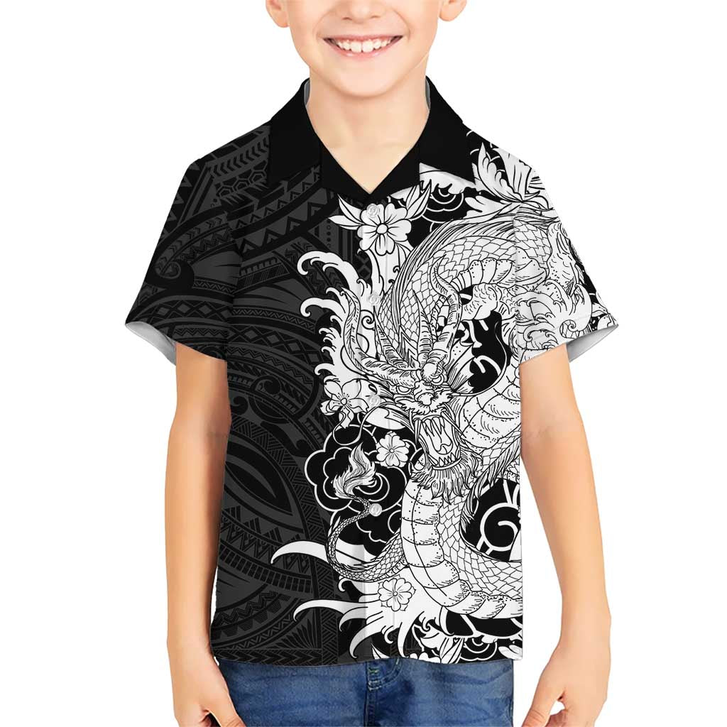 Hawaiian And Japanese Culture Kid Hawaiian Shirt Irezumi Dragon With Polynesian Pattern Black LT05 Kid Black - Polynesian Pride