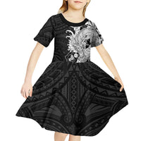 Hawaiian And Japanese Culture Kid Short Sleeve Dress Irezumi Dragon With Polynesian Pattern Black - Polynesian Pride