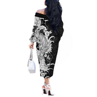 Hawaiian And Japanese Culture Off The Shoulder Long Sleeve Dress Irezumi Dragon With Polynesian Pattern Black LT05 - Polynesian Pride