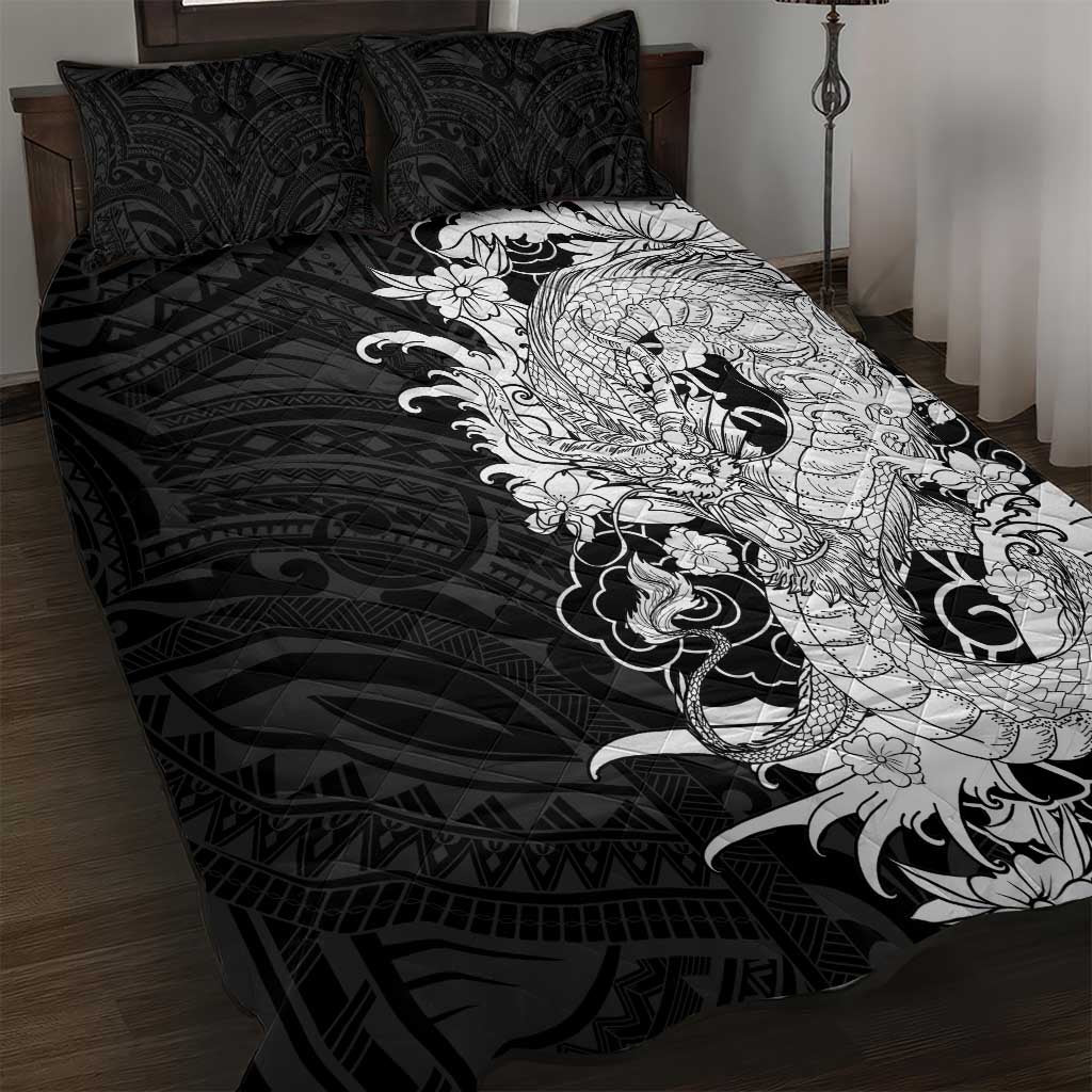Hawaiian And Japanese Culture Quilt Bed Set Irezumi Dragon With Polynesian Pattern Black LT05 Black - Polynesian Pride