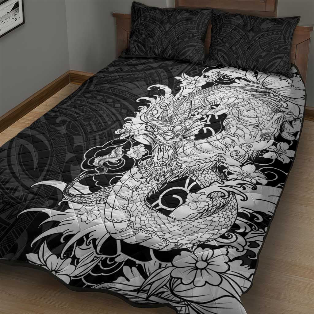 Hawaiian And Japanese Culture Quilt Bed Set Irezumi Dragon With Polynesian Pattern Black LT05 - Polynesian Pride